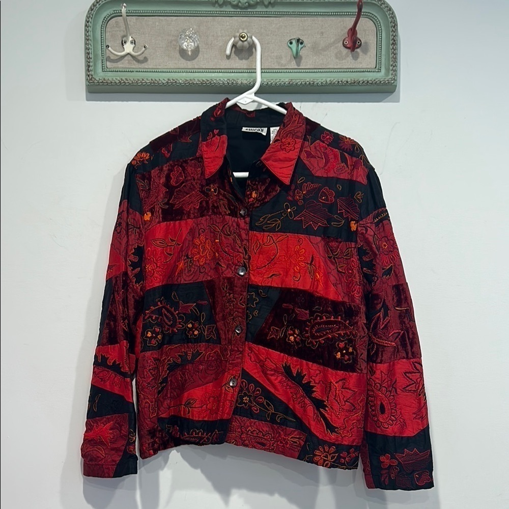 Vintage Chicos Red silk Patchwork button front Jacket size medium / 2